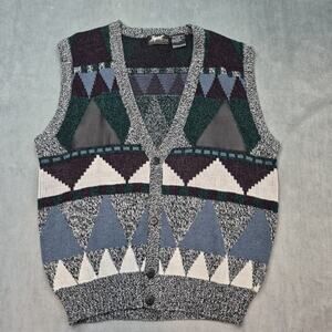 Impact Vintage 80s Button Up Sweater Vest Geometric Grandpa Leather Trim Men's L